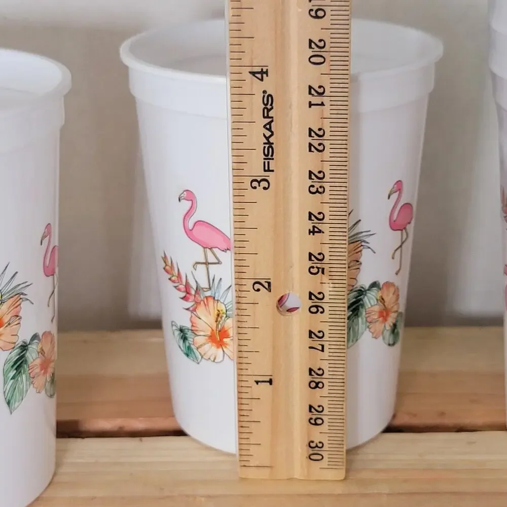 Set of 9 Tropical Plastic Party Cups w/ Flamingos and 7 Cup Markers
